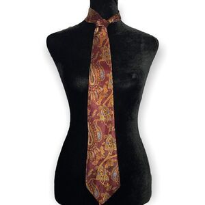 Men's Burgundy Paisley Print Tie Satiny Workwear Career Formal Gold Retro Unique